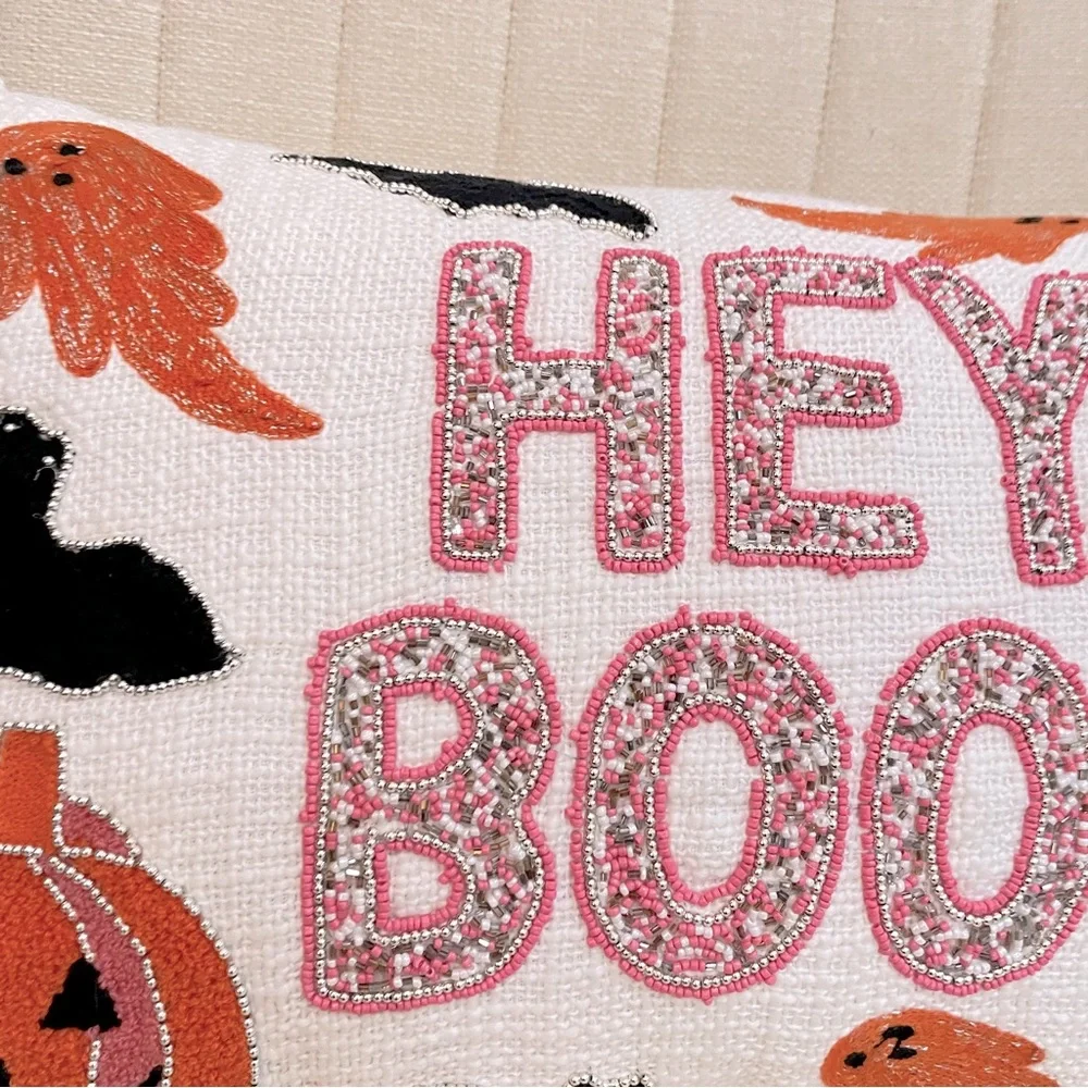 Trick or Treat Hey Boo Beaded Halloween Lumbar Pillow Pink Orange Ghost Pumpkin‎